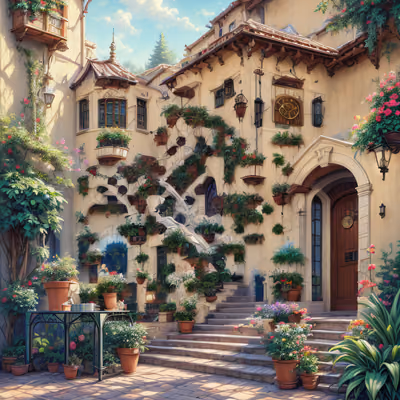 Flower Covered Villa Courtyard QR Code Art — image 1