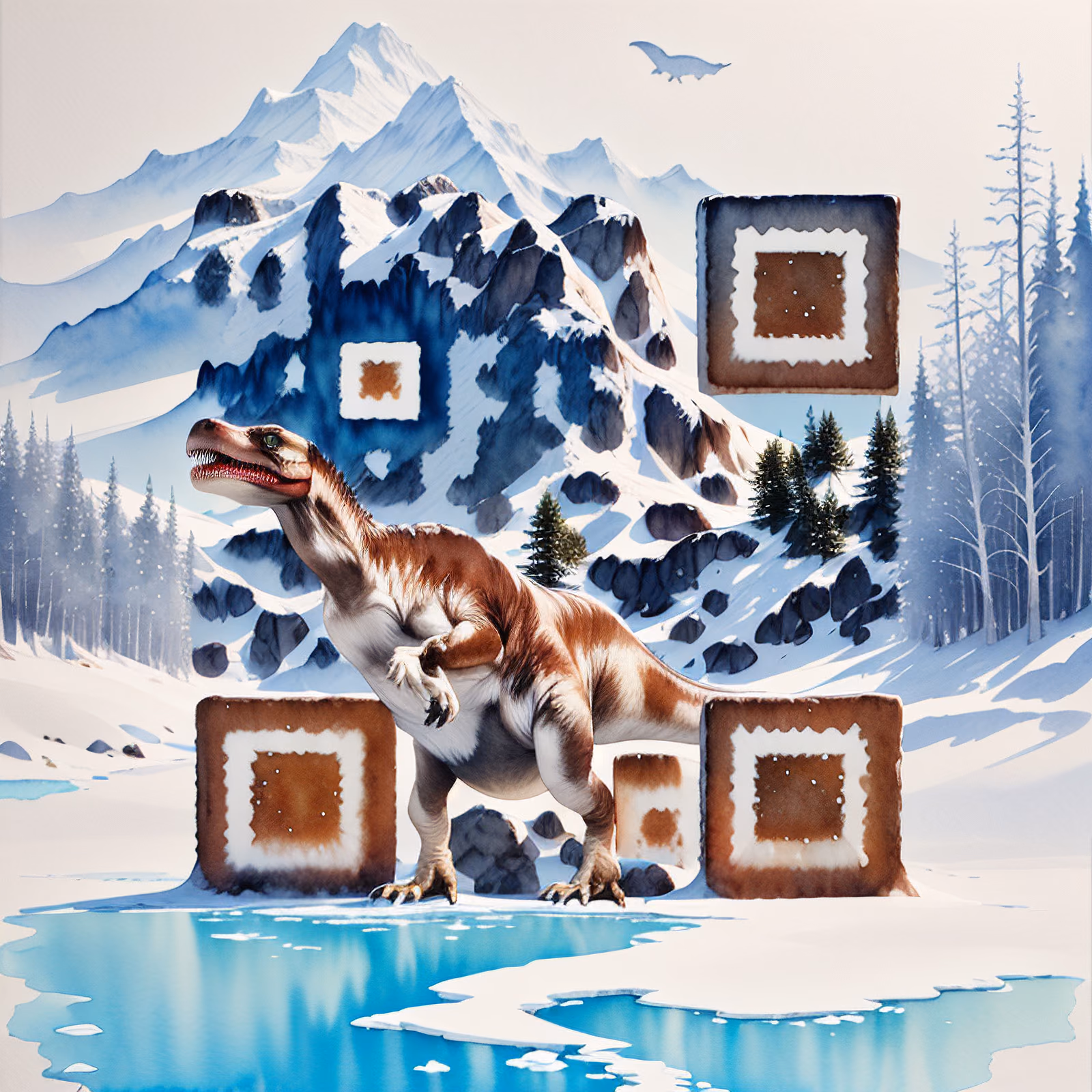 Snowy Dinosaur Watercolor QR Code Art — image 1