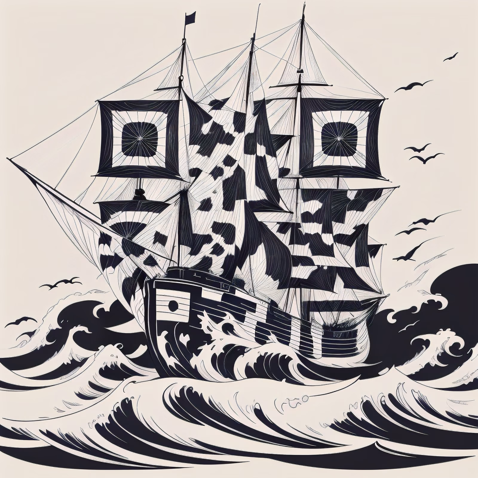 Sailing Ship Tattoo Line Art QR Code for Temporary Tattoos — image 1