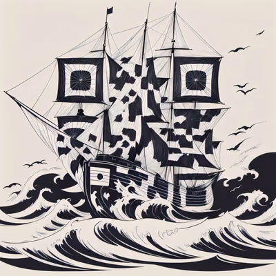 Sailing Ship Tattoo Line Art QR Code for Temporary Tattoos — image 1
