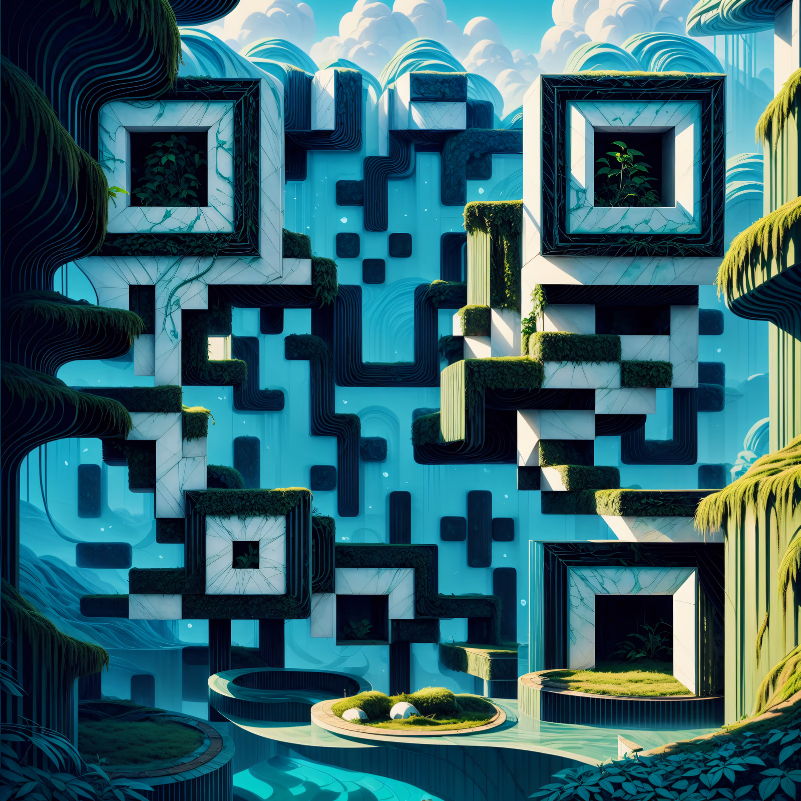 Mossy Cubic Marble Buildings Surreal QR Code Art — image 1