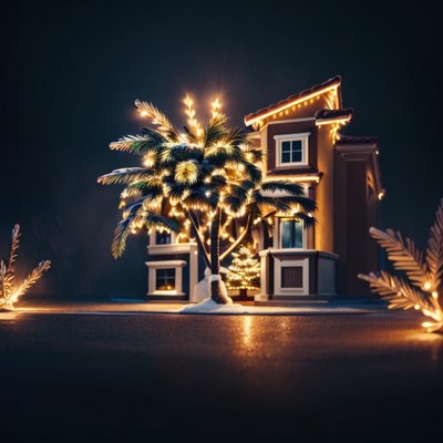 Lit Palm Tree Christmas House QR Code for Greeting Cards