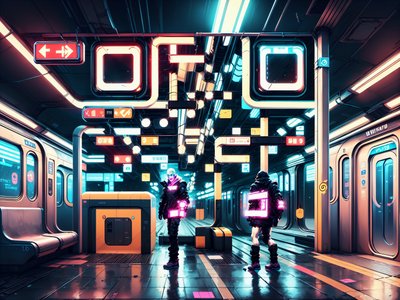 Neon Metro Station Cyberpunk QR Code Poster