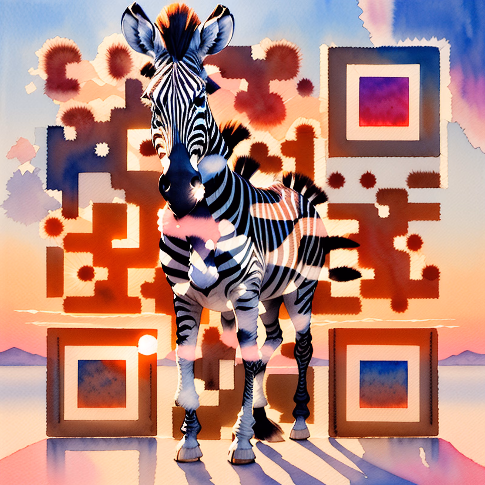 Зебра на закате: акварельное QR-код искусство — изображение 1