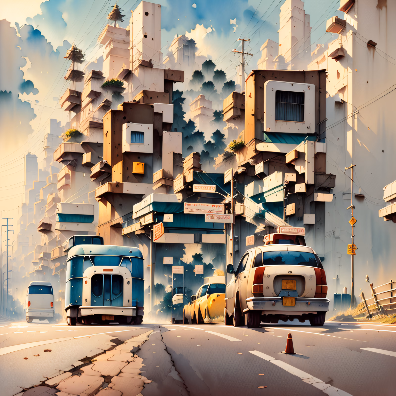 Cracked Highway City Watercolor QR Code Art — image 1