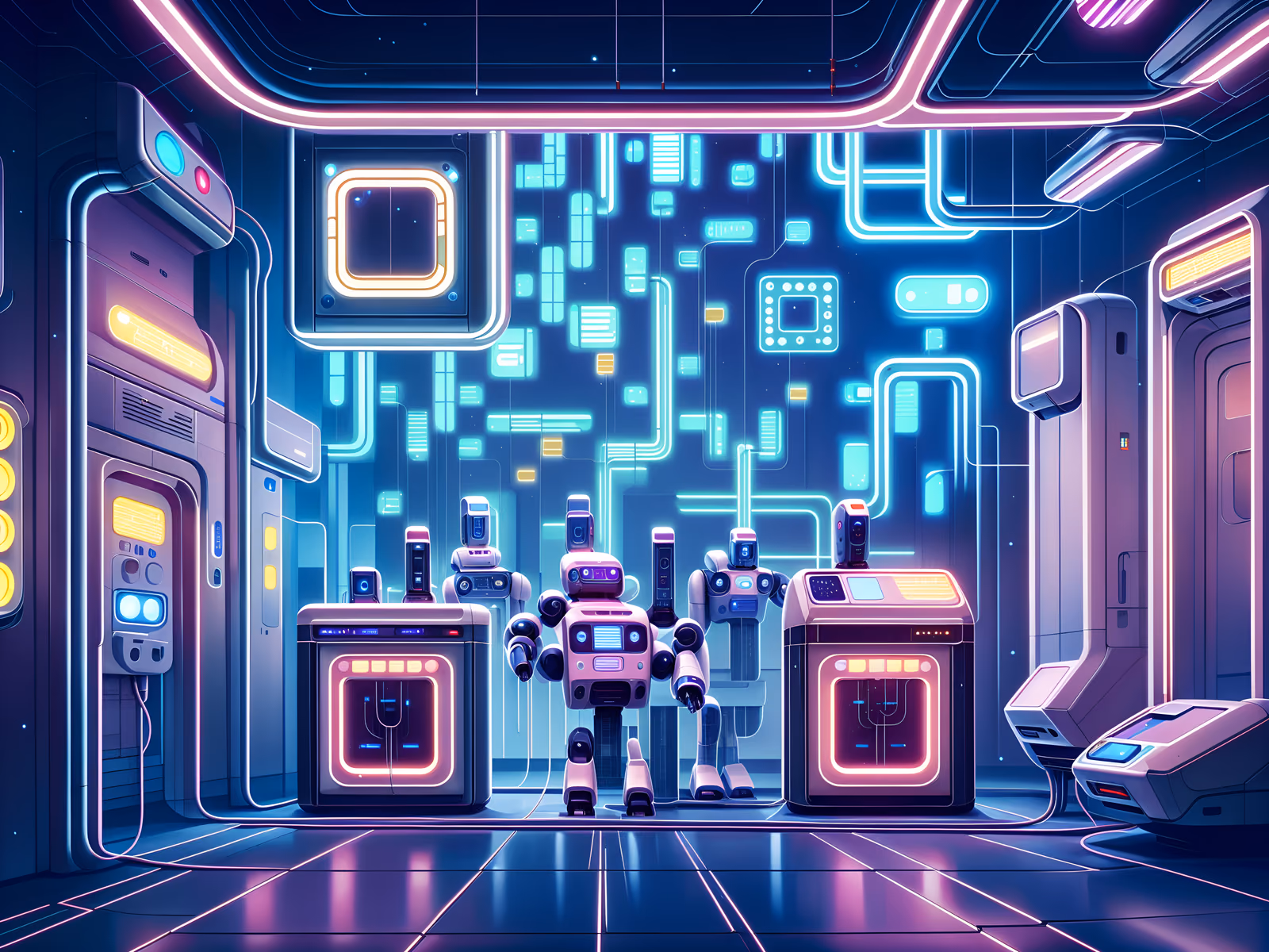 Neon Robot Charging Bay Retrofuturism QR Code for Posters — image 1