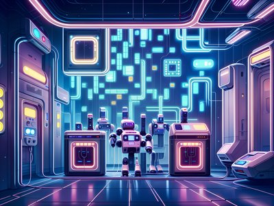 Neon Robot Charging Bay Retrofuturism QR Code for Posters