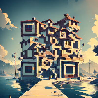Lakeside Villa Digital Illustration QR Code Art — image 1
