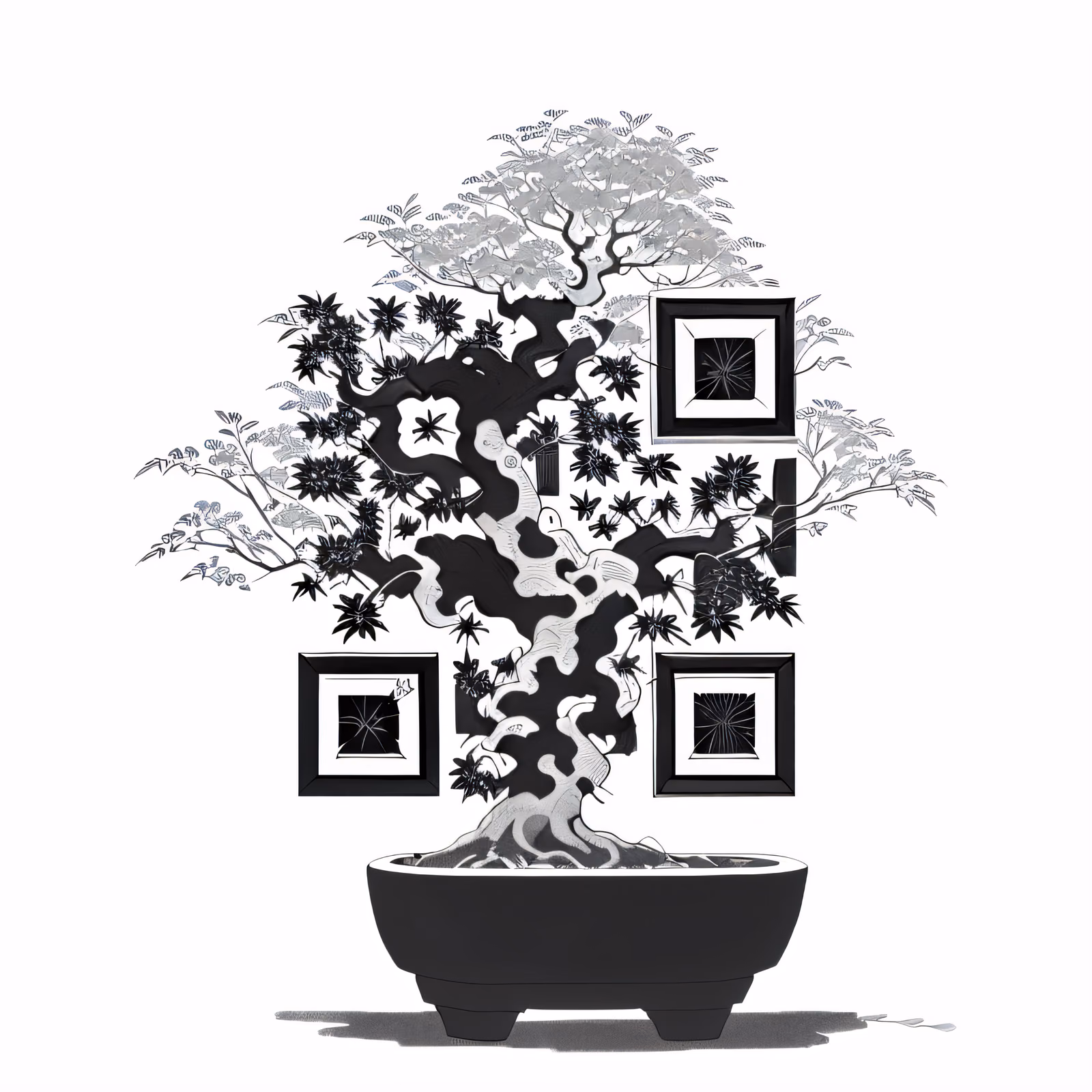 盆景树水墨绘画二维码艺术 — 图片 1