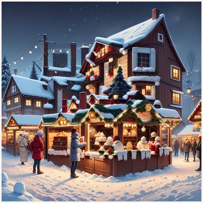 Snowy Christmas Market Digital Painting QR Code for Posters