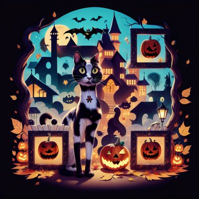 Halloween Cat and Castle Cartoon QR Code for Posters