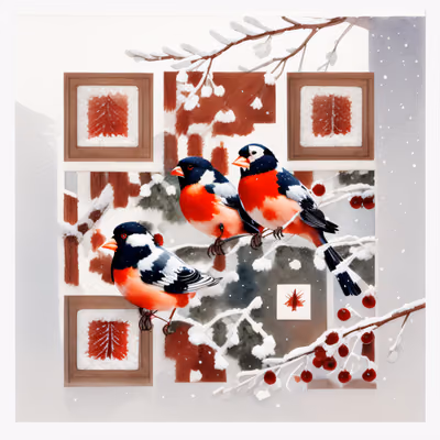 Snowy Bullfinches Watercolor QR Code for Greeting Cards — image 1