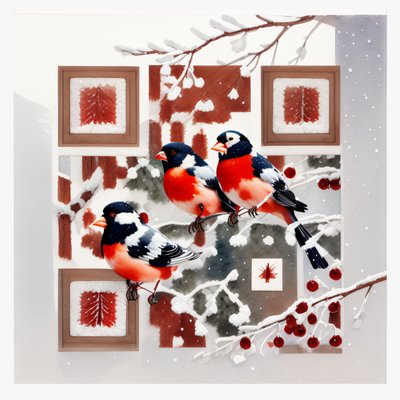 Snowy Bullfinches Watercolor QR Code for Greeting Cards