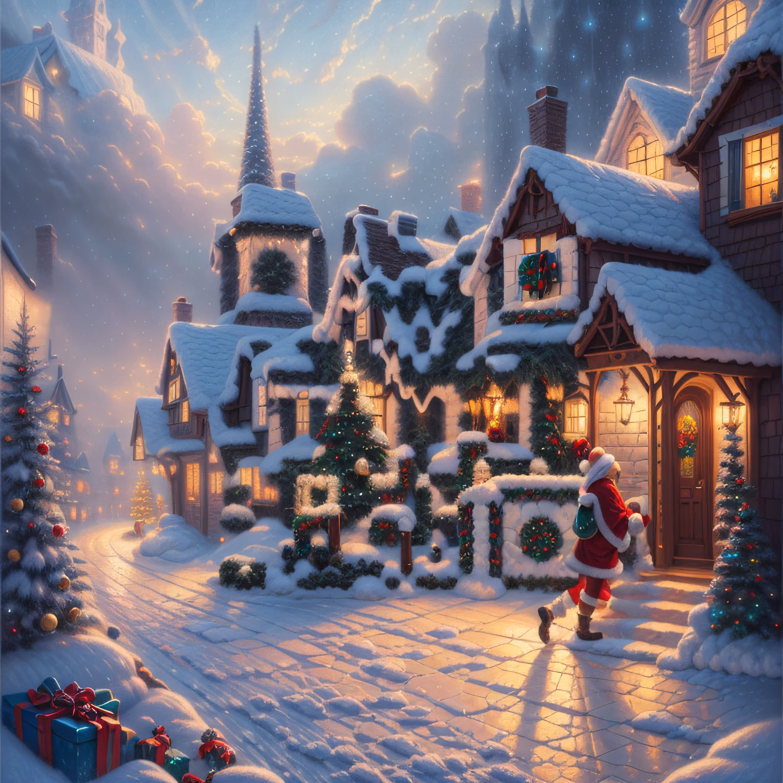 Snowy Christmas Village Santa Painting QR Code for Greeting Cards — image 1