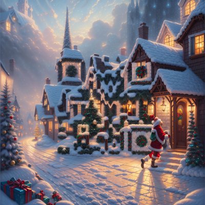 Snowy Christmas Village Santa Painting QR Code for Greeting Cards