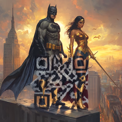 Caped Superhero Duo Rooftop Painting QR Code for Posters — image 1