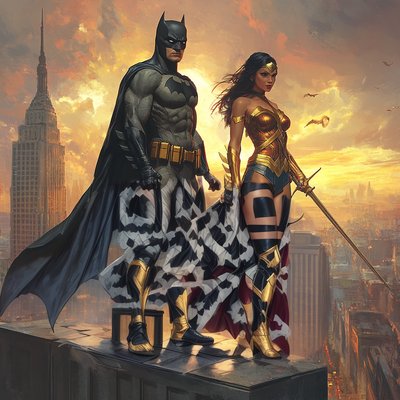 Caped Superhero Duo Rooftop Painting QR Code for Posters
