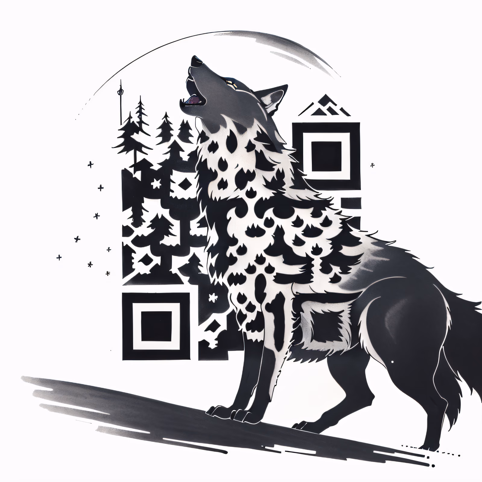 Воющий волк в технике татуировки тушью: QR-код для временных тату — изображение 1