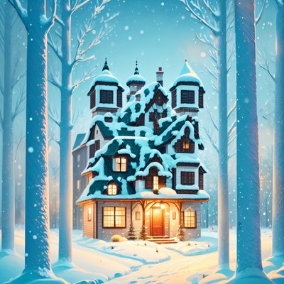 Заснеженный сказочный дом зимой: QR-код для открыток
