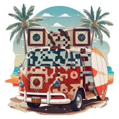 Ретро-кемпер на пляже: векторный QR-код для стикеров