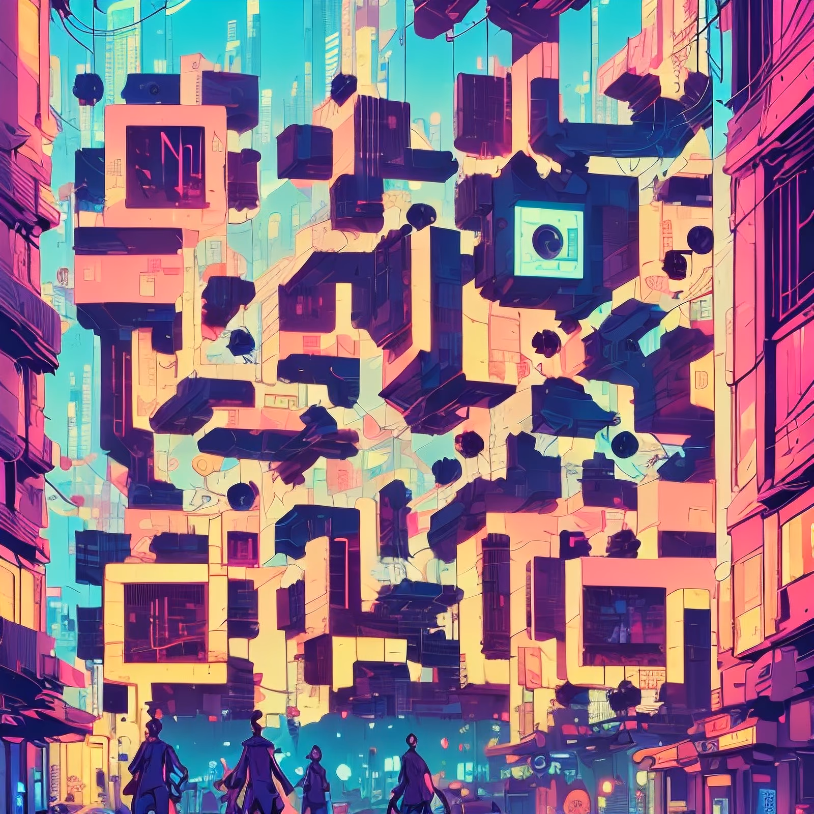Neon Night City Comic Building QR Code for Posters — image 1