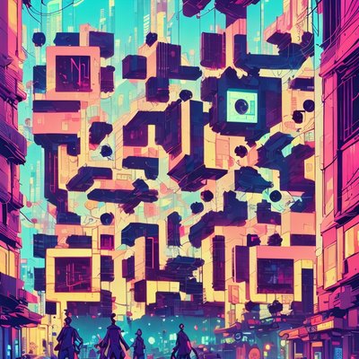 Neon Night City Comic Building QR Code for Posters