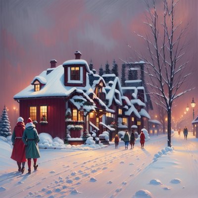 Snowy Christmas Village Painting People QR Code for Greeting Cards