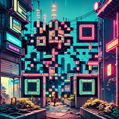 Neon Cyberpunk Alley Cityscape QR Code for Posters