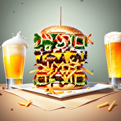 Burger Fries and Beer Illustration QR Code for Restaurant Menus