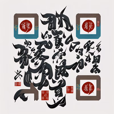 毛笔书法墨字徽章二维码艺术 — 图片 1