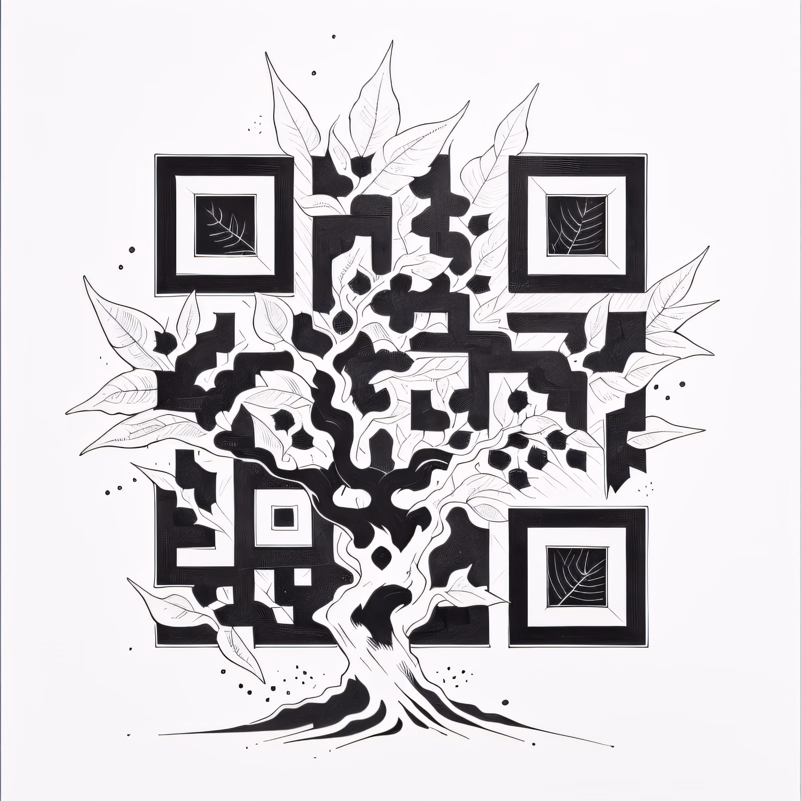 Лиственное дерево, тату тушью, QR-код для временных тату — изображение 1