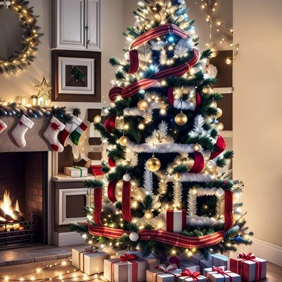 Christmas Tree Fireplace Scene QR Code for Greeting Cards