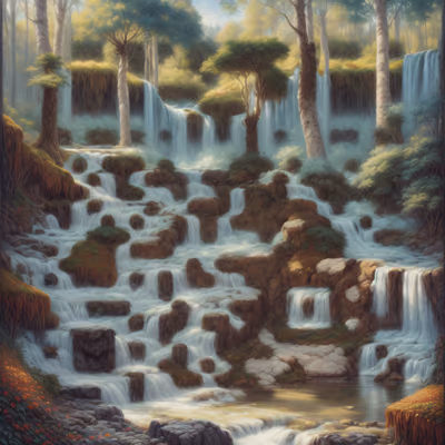 Лесной водопад каскадом: живопись, QR-код — изображение 1