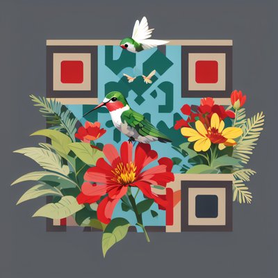 Hummingbird Red Flowers Flat Vector QR Code Art