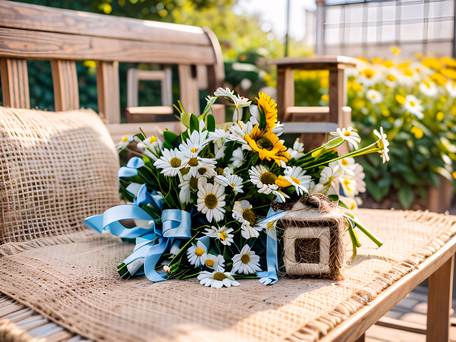 Daisy Bouquet Garden Bench Photo QR Code Art — image 1