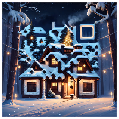 Snowy Cottage Night Digital Painting QR Code for Greeting Cards — image 1