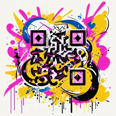 QR-код с граффити-надписями и брызгами краски для наклеек