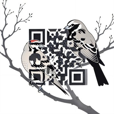 Sparrows on Blossom Branch Tattoo QR Code Art