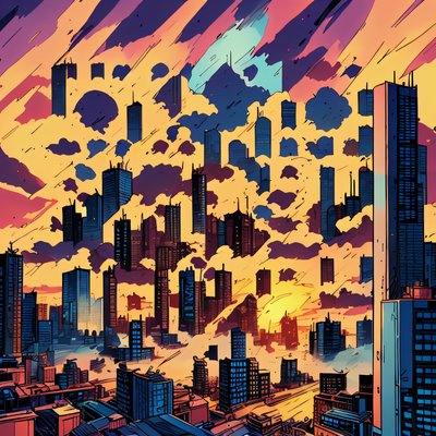 Comic Style City Skyline Sunset QR Code for Posters