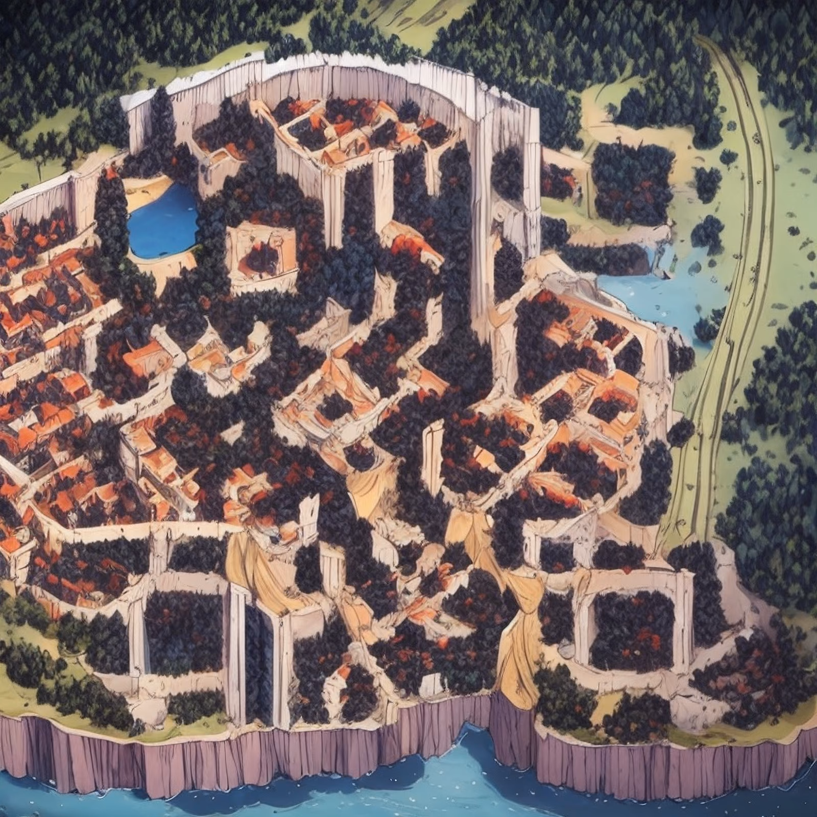 Walled Hillside Town Map Comic QR Code Art — image 1