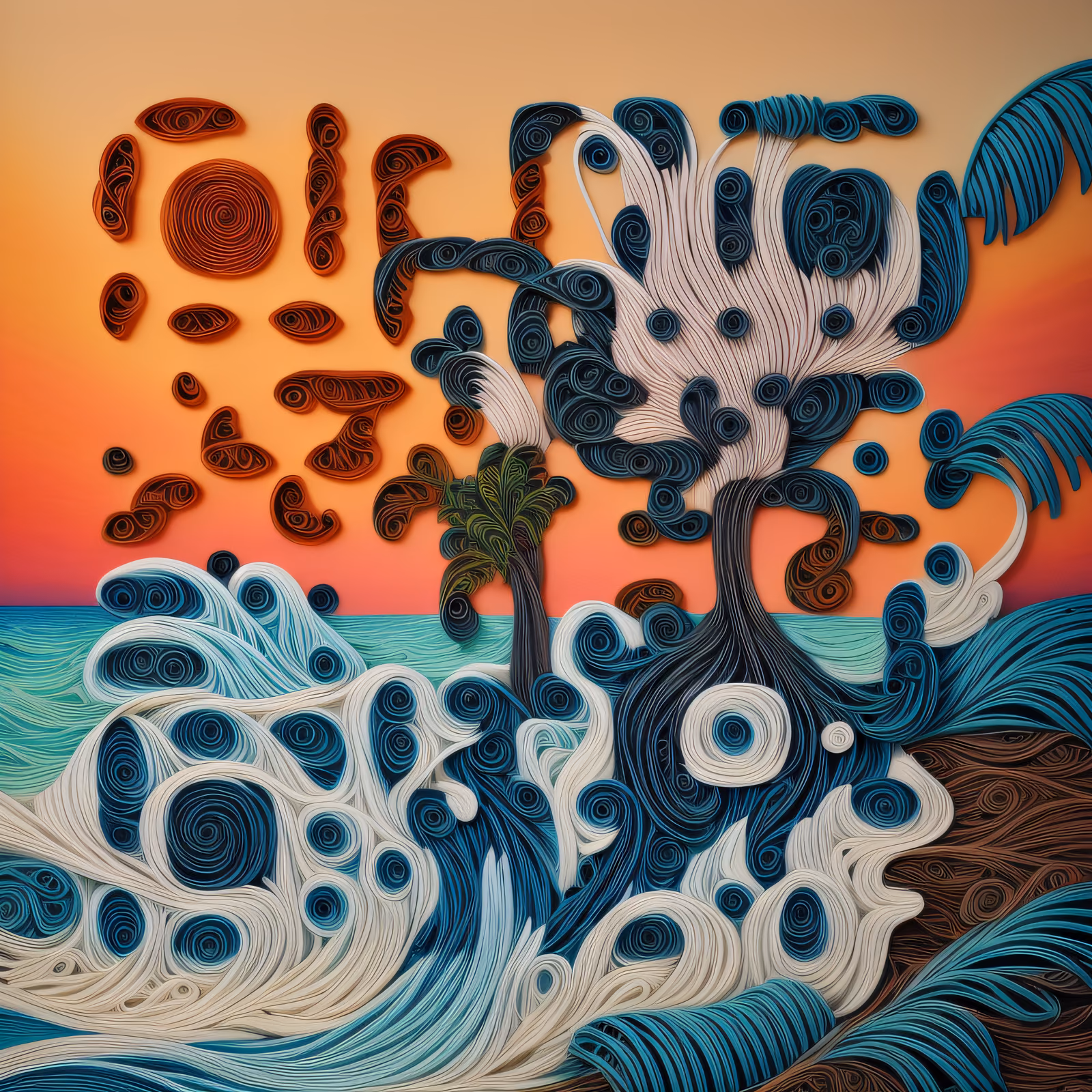 Quilled Beach Sunset Palm Waves QR Code Art — image 1