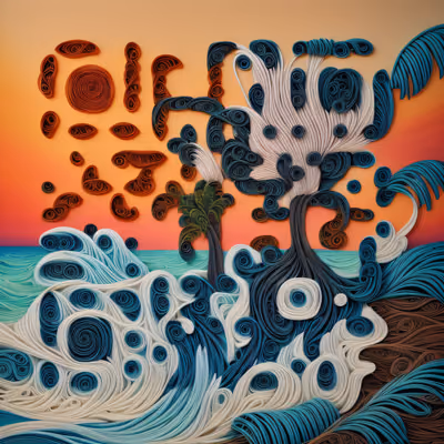 Quilled Beach Sunset Palm Waves QR Code Art — image 1