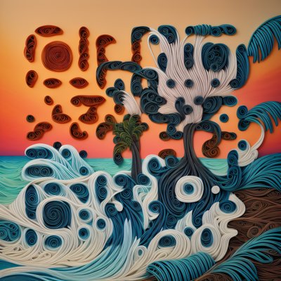 Quilled Beach Sunset Palm Waves QR Code Art