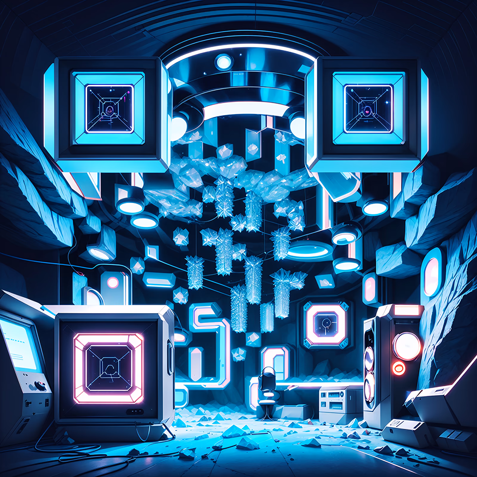 Звуковая камера в кристальной пещере, ретрофутуризм: постер с QR-кодом — изображение 1