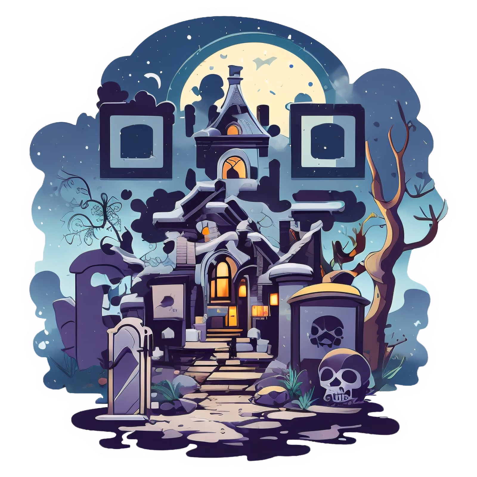 Дом с привидениями на кладбище: векторный QR-код для стикеров — изображение 1