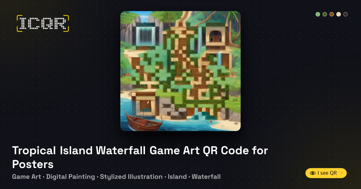 Tropical Island Waterfall Game Art QR Code for Posters • ICQR