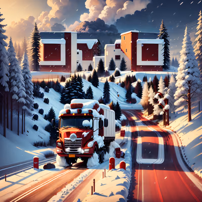 Red Truck Snowy Road Painting QR Code for Posters — image 1