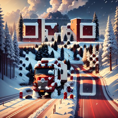 Red Truck Snowy Road Painting QR Code for Posters