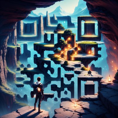 Traveler Overlooking Glowing Fantasy Valley QR Code for Posters
