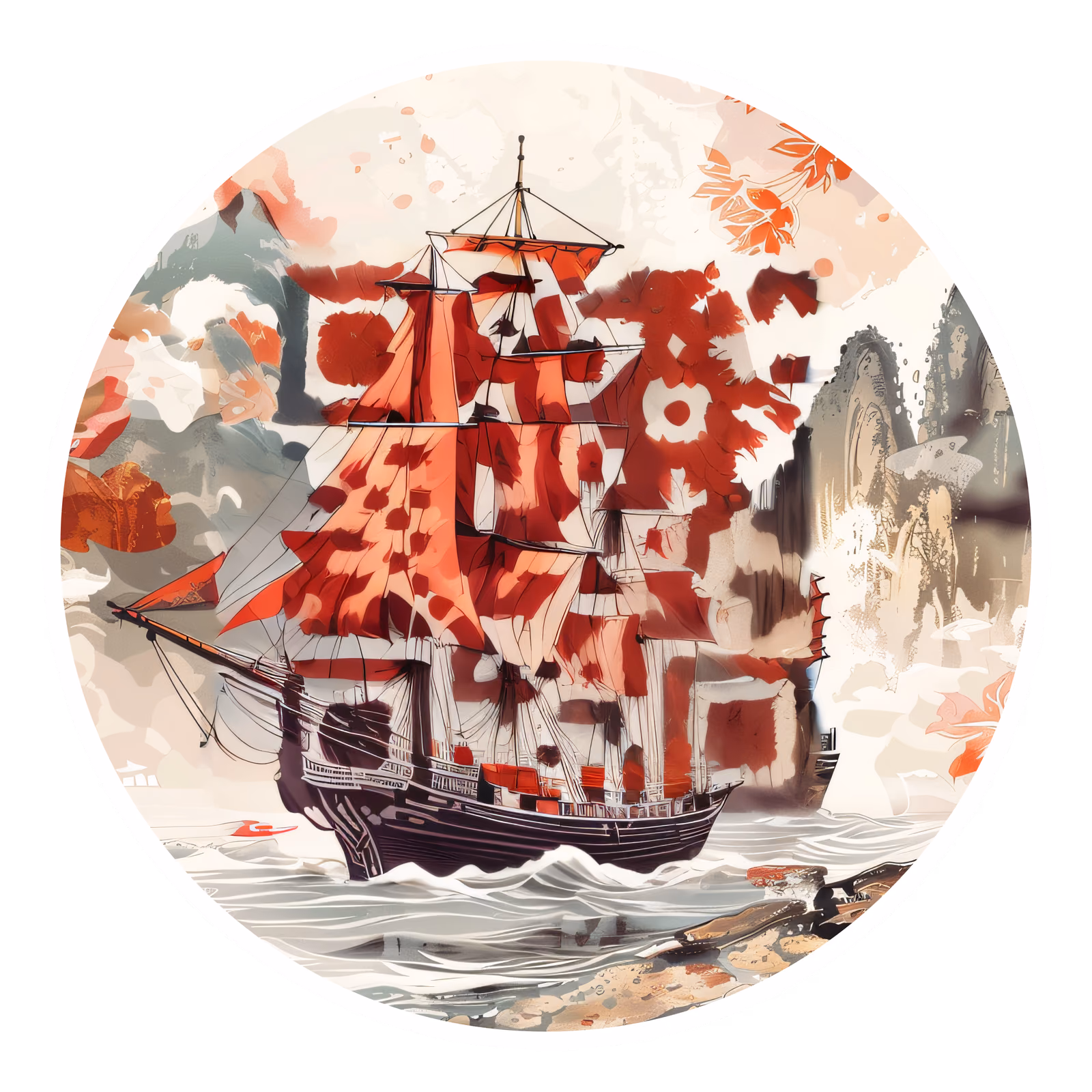Корабль с красными парусами в технике тушевой акварели: QR-код для наклеек — изображение 1